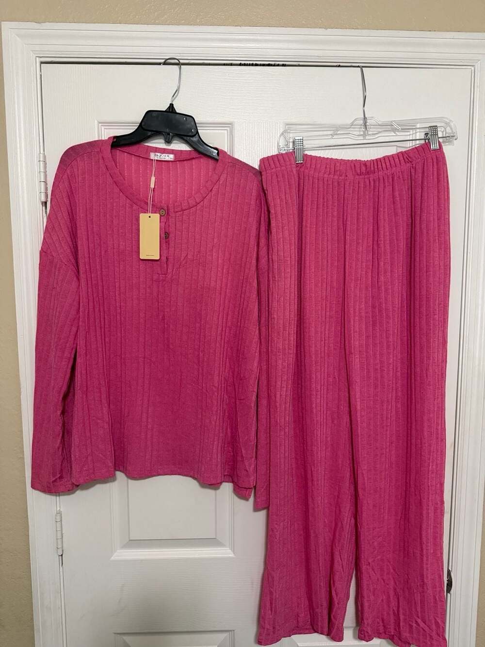Ekouaer Women's Two-Piece Ribbed Henley LG Sleeve Pants Set 2XL